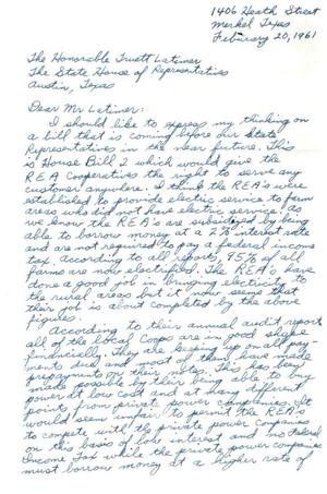[Letter from Glenn Teaff to Truett Latimer, February 20, 1961]