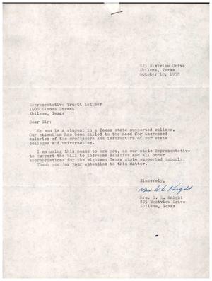 [Letter from Mrs. D. E. Knight to Truett Latimer, October 10, 1958]