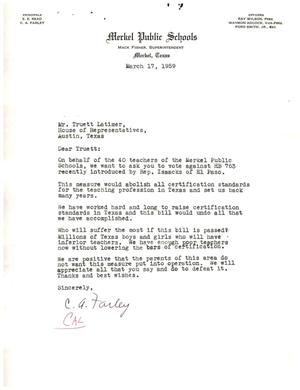 [Letter from Cal A. Farley to Truett Latimer, March 17, 1959]
