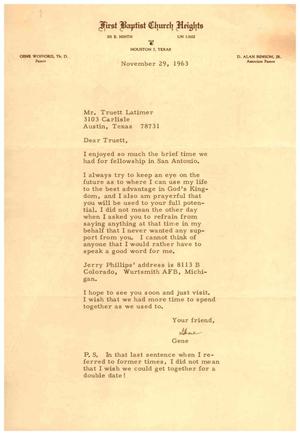 Primary view of object titled '[Letter from Gene Wofford to Truett Latimer, November 29, 1963]'.