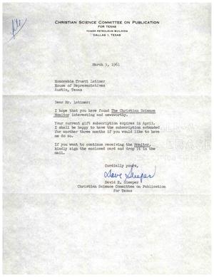 [Letter from David E. Sleeper to Truett Latimer, March 9, 1961]