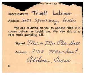 [Postcard from Mr. and Mrs. Otis Hall to Truett Latimer, 1961]