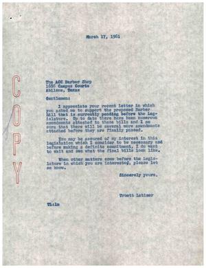 [Letter from Truett Latimer to ACC Barber Shop, March 17, 1961]