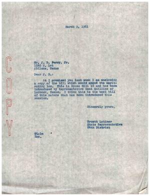 [Letter from Truett Latimer to J. D. Perry, Jr., March 9, 1961]