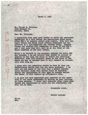 [Letter from Truett Latimer to Claude E. Williams, March 6, 1961]