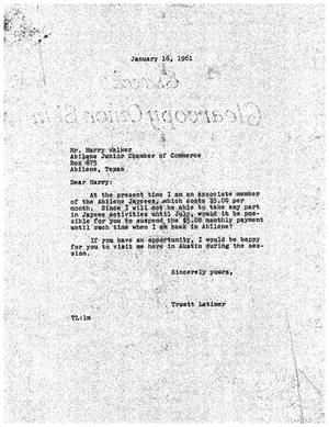 [Letter from Truett Latimer to Harry Walker, January 16, 1961]