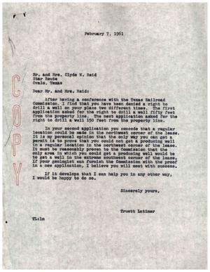 [Letter from Truett Latimer to Mr. and Mrs. Clyde W. Reid, February 7, 1961]
