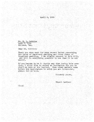 [Letter from Truett Latimer to H. L. Dobbins, April 8, 1959]