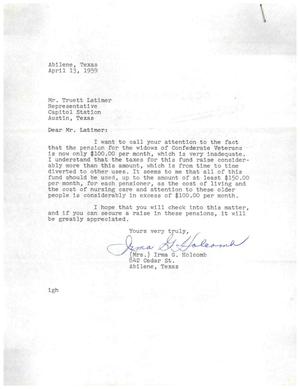 [Letter from Mrs. Irma G. Holcomb to Truett Latimer, April 13, 1959]