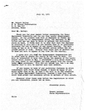 [Letter from Truett Latimer to Robert Hailey, July 12, 1961]