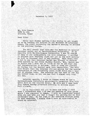 [Letter from Truett Latimer to Otis Bowers, December 3, 1957]