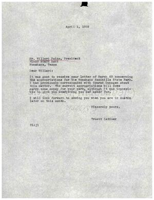 [Letter from Truett Latimer to Willard Paine, April 1, 1959]