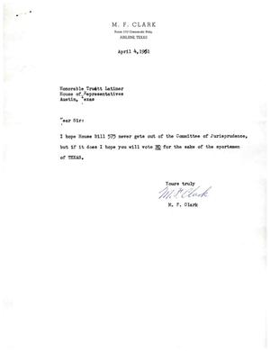 [Letter from M. F. Clark to Truett Latimer, April 4, 1961]