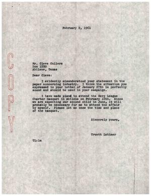 [Letter from Truett Latimer to Cleve Cullers, February 2, 1961]
