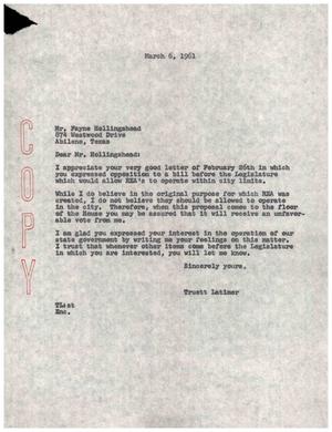 [Letter from Truett Latimer to Fayne Hollingshead, March 6, 1961]