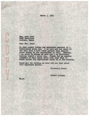 [Letter from Truett Latimer to Mrs. Lynn Cook, March 1, 1961]