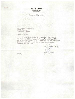 [Letter from Roy L. Duke to Truett Latimer, January 18, 1960]