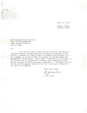 [Letter from R. J. Oliver to Truett Latimer, April 17, 1961]