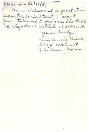[Letter from Mrs. Annie Hull to Truett Latimer, June, 1959]