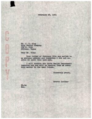 [Letter from Truett Latimer to J. L. King, February 28, 1961]