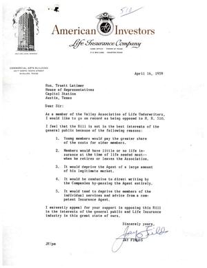 Primary view of object titled '[Letter from Jay Fields to Truett Latimer, April 16, 1959]'.