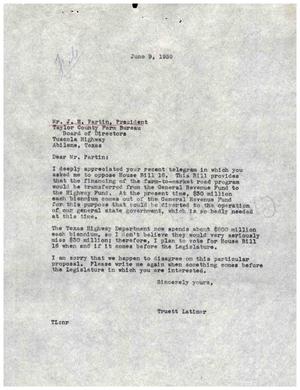 [Letter from Truett Latimer to J. W. Partin, June 9, 1959]