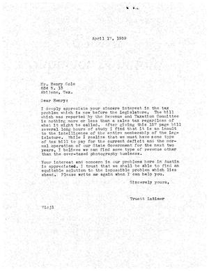 [Letter from Truett Latimer to Henry Cole, April 17, 1959]