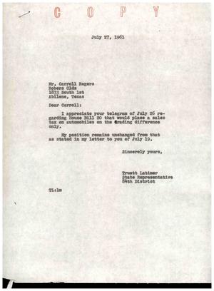 [Letter from Truett Latimer to Carroll Rogers, July 27, 1961]