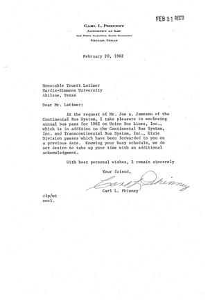 [Letter from Carl L. Phinney to Truett Latimer, February 20, 1962]