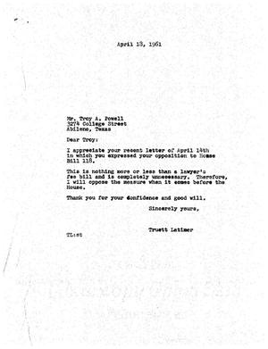 [Letter from Truett Latimer to Troy A. Powell, April 18, 1961]