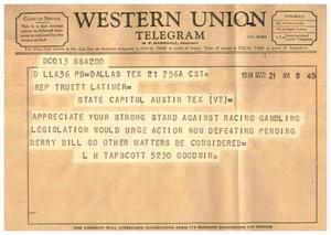 Primary view of object titled '[Telegram from L. H. Tapscott, March 21, 1961]'.