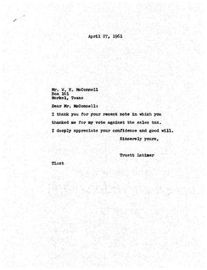 [Letter from Truett Latimer to W. H. McConnell, April 27,1961]