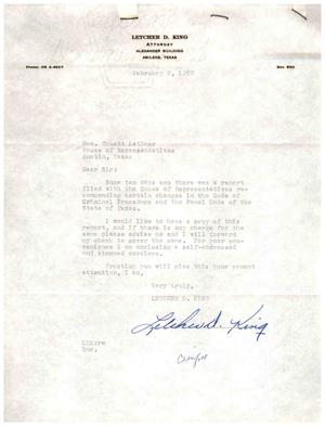 [Letter from Letcher D. King to Truett Latimer, February 9, 1959]