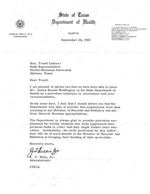 [Letter from J. T. Ellis, Jr. to Truett Latimer, September 20, 1960]