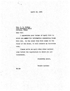 [Letter from Truett Latimer to Mrs. J. K. Ridley, April 12, 1961]