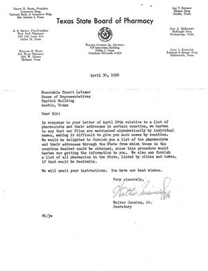 [Letter from Walter Cousins, Jr. to Truett Latimer, April 30, 1959]