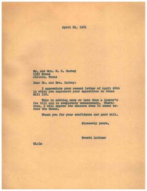 [Letter from Truett Latimer to Mr. and Mrs. M. C. Harkey, April 25, 1961]