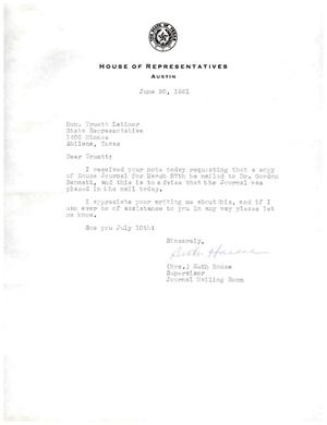 [Letter from Mrs. Ruth House to Truett Latimer, June 20, 1961]
