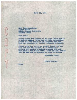 [Letter from Truett Latimer to Mrs. Josie Armstrong, March 15, 1961]