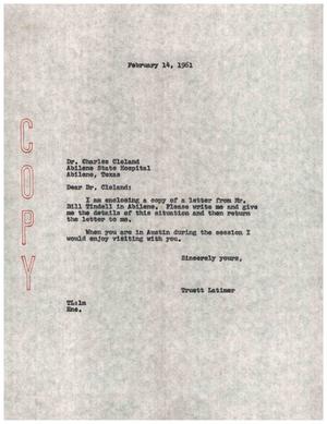 [Letter from Truett Latimer to Charles Cleland, February 14, 1961]