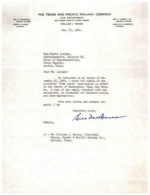 Primary view of object titled '[Letter from William R. McDowell to Truett Latimer, January 25, 1961]'.