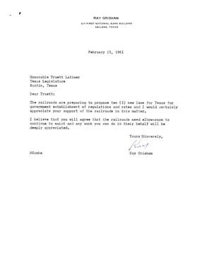 [Letter from Ray Grisham to Truett Latimer, February 13, 1961]