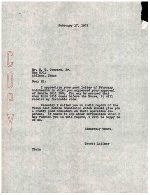 Primary view of object titled '[Letter from Truett Latimer to E. T. Compere, Jr., February 17, 1961]'.