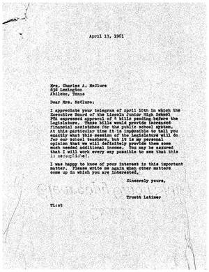 [Letter from Truett Latimer to Mrs. Charles A. McClure, April 13, 1961]