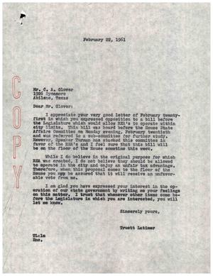 [Letter from Truett Latimer to C. A. Glover, February 22, 1961]