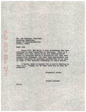 [Letter from Truett Latimer to Joe Chapman discussing H. B. 345, 1961]