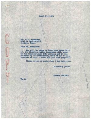 [Letter from Truett Latimer to H. L. Kennamer, March 13, 1961]