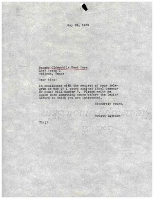 [Letter from Truett Latimer to Rogers Oldsmobile Used Cars, May 29, 1959] HSUL_1-16-01-089