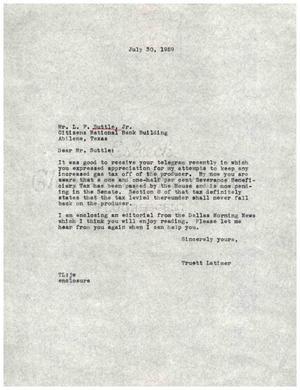 [Letter from Truett Latimer to L. F. Suttle, Jr., July 30, 1959]