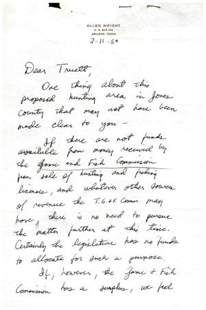 [Letter from Allen Wright to Truett Latimer, February 11, 1959]